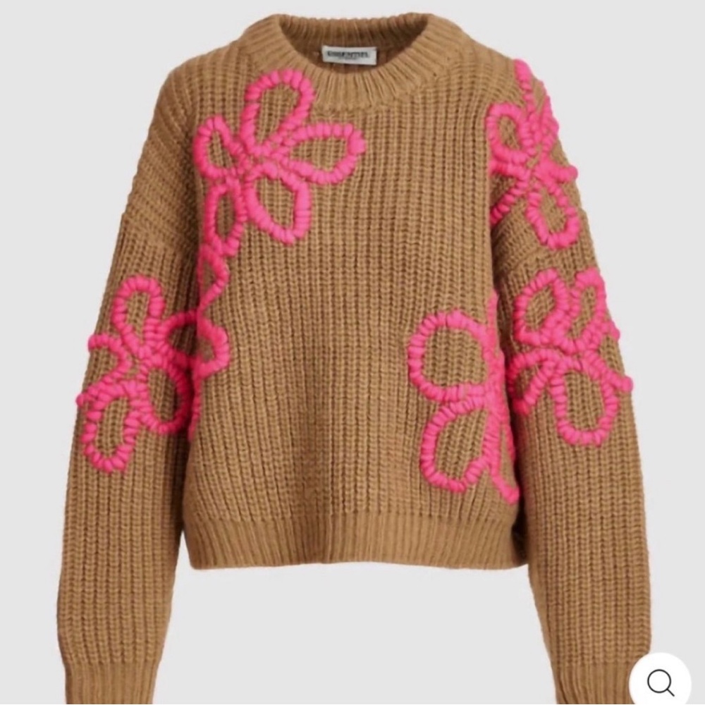 Chic Tan Sweater with Pink Floral Design